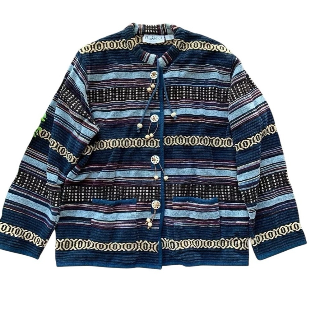 Flashback Southwest Tapestry Chenille Buttoned Jacket Navy Blue Beige Size Large